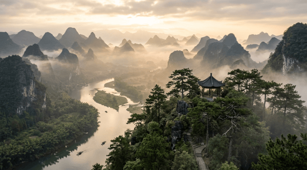 Traditional pavilion overlooking a winding river among misty karst mountains