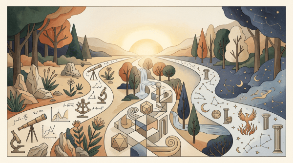 Illustrated landscape blending nature, science, mathematics, and constellations