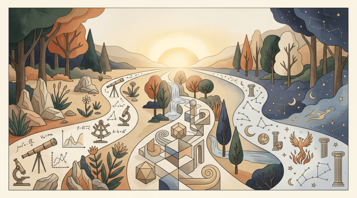 Illustrated landscape blending nature, science, mathematics, and constellations
